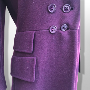 60’s 70’s Plum Purple Long Princess Coat with Sharp Tailoring and Faux Fur Trim