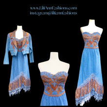 Load image into Gallery viewer, 80’s Vintage Three Piece Jean and Lace Skirt Bustier and Jacket Beaded and Embroidered Cowgirl Cowboy Beyoncé Style