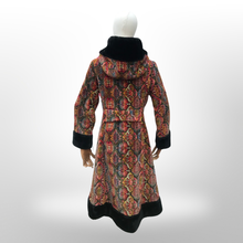Load image into Gallery viewer, Vintage Hooded Tapestry Carpet Needlepoint Multi Color Rich Coat with Faux Fur Trim and Beaded Belt Boho Princess Boho Chic