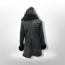 Load image into Gallery viewer, Black Hooded Shearling Suede Coat Alligator Print with Full Shearling Lining