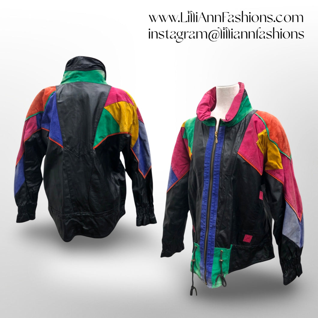 80’s 90’s Leather ColorBlock Glam Jacket Motorcycle Style Arsenio Hall Punky Brewster Saved by the Bell Nostalgia