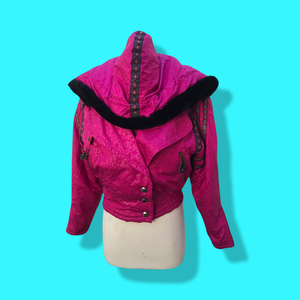 80’s 90’s Hot Pink Hooded Ski Windbreaker Jacket Cropped Tapered Waist Southwestern Aztec Trim