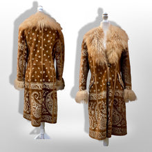 Load image into Gallery viewer, Boho Penny Lane Caramel Suede Sheepskin Curly Mongolian Lamb Intricate Embroidery Embroidered Coat Custom Made in France
