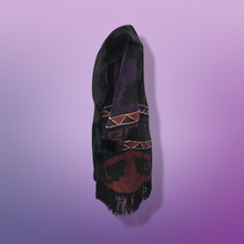 Load image into Gallery viewer, Purple Suede and Genuine Shearling Mosaic Coat with Fringe Western Aztec  Native Cowgirl Inspired Magenta Black and Gold