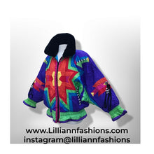 Load image into Gallery viewer, 80’s 90’s Neiman Marcus Genuine Down Puffer Coat in Rainbow Apres Ski “In Living Color” Pride Oversized Chubby Coat Rare Ski Winter Suede Fringr Native American Inspired Style