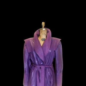 Glam Couture 70s 80s Purple Leather Full Length Coat Leather Glam Princess Puff Sleeve Prince Full Length M/L/XL Couture Paris New York
