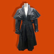 Load image into Gallery viewer, Vintage GLAM 80’s 90’s Rare Leather Long Cape Coat 38”Bust with Wide Belt Fitted and Flared Studio 54 Couture Super Model Runway The Matrix Goth SuperGlam
