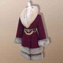 Load image into Gallery viewer, Women's Vintage Coat~ 70s Maroon Red Velveteen Velvet Shearling Tiered Princess Beaded  Belted Coat Fit Flare Penny Lane Almost Famous