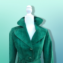 Load image into Gallery viewer, Emerald Green Suede 70’s Coat Rounded Collar Studio 54 Trench Spy Coat