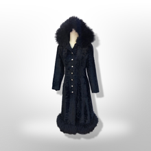 Load image into Gallery viewer, 70’s Vintage Black Princess Shearling and Faux Astrakhan Lamb Fabric hooded Fit and Flare Boho