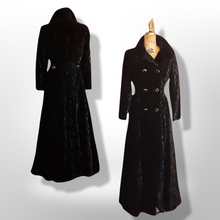 Load image into Gallery viewer, 60&#39;s 70&#39;s Black Raised Velvet Coat Fit and Flare Victorian Gothic Double Breasted Full Length Princess