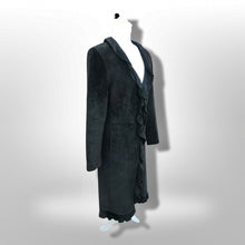 Load image into Gallery viewer, Black Suede Duster with Ruffle Tuxedo Collar Boho