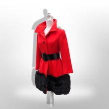 Load image into Gallery viewer, Women's Vintage Lilli Ann Coat- Lipstick Red Orange Bright 60's Mod Wool Thick Tiered Black Fox Fur Trim Fit Flare Princess Small Pinup