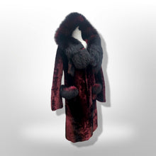 Load image into Gallery viewer, Genuine Fur Hooded Coat Shearling and Fox Fur Bergundy Iridescent and Black Gothic Ombré Victorian