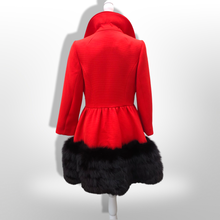 Load image into Gallery viewer, Women's Vintage Lilli Ann Coat- Lipstick Red Orange Bright 60's Mod Wool Thick Tiered Black Fox Fur Trim Fit Flare Princess Small Pinup