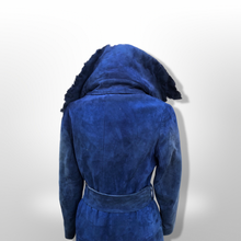 Load image into Gallery viewer, 1970’s Vintage Blue Suede and Fox Fur Belted Bohemian Boho Chic Princess Hippy Burning Man Coachella Festival Fall Winter Coat