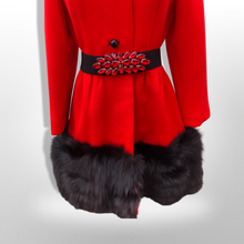 Load image into Gallery viewer, Women's Vintage Lilli Ann Coat- Lipstick Red Orange Bright 60's Mod Wool Thick Tiered Black Fox Fur Trim Fit Flare Princess Small Pinup