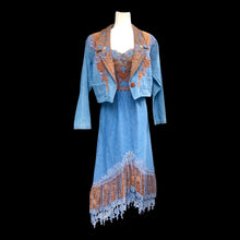 Load image into Gallery viewer, 80’s Vintage Three Piece Jean and Lace Skirt Bustier and Jacket Beaded and Embroidered Cowgirl Cowboy Beyoncé Style