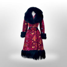 Load image into Gallery viewer, 60’s 70’s Rare Red Carpet Tapestry Coat Needlepoint Floral Exotic Design with Genuine Fox Fur and Goat Shearling Trim Jeweled Belt Small Petite