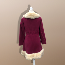 Load image into Gallery viewer, 60’s 70’s Velveteen Maroon Coat Vegan Faux Fur Belted