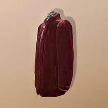 Load image into Gallery viewer, Vintage Red Wine Bergundy 80’s Does 40’s Puff Sleeve Coat Faux Fur with Leather Intarsia Glam Old Hollywood Glamour Vegan