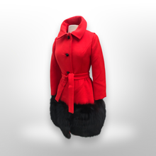 Load image into Gallery viewer, Women's Vintage Lilli Ann Coat- Lipstick Red Orange Bright 60's Mod Wool Thick Tiered Black Fox Fur Trim Fit Flare Princess Small Pinup
