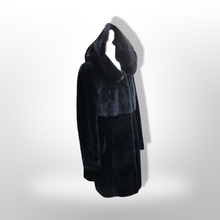 Load image into Gallery viewer, Jet Black Hooded Mink and Shearling Luxury Coat with Rhinestone Button