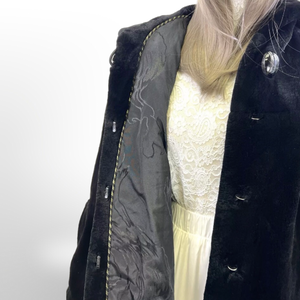 New Luxury Sheared Black Mink Hooded Coat with Rhinestone Detail