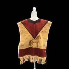Load image into Gallery viewer, 70’s Suede Poncho Cape Equestrian Serape with Carved Horse Scene Mint Condition Fringe Border One Size Fits All Cowboy Cowgirl Unisex Southwestern Mexican Native Boho One of A Kind