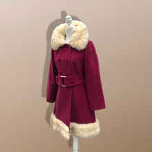 Load image into Gallery viewer, 60’s 70’s Velveteen Maroon Coat Vegan Faux Fur Belted