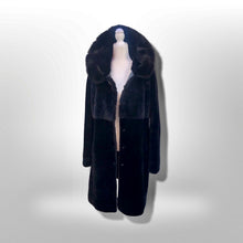 Load image into Gallery viewer, Jet Black Hooded Mink and Shearling Luxury Coat with Rhinestone Button