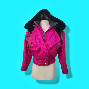 80’s 90’s Hot Pink Hooded Ski Windbreaker Jacket Cropped Tapered Waist Southwestern Aztec Trim