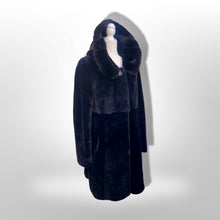 Load image into Gallery viewer, Jet Black Hooded Mink and Shearling Luxury Coat with Rhinestone Button