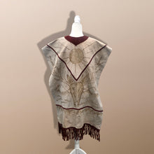 Load image into Gallery viewer, 70’s Suede Poncho Cape Equestrian Serape with Carved Two Bulls Fighting Scene Fringe Border One Size Fits All Cowboy Cowgirl Unisex Southwestern Mexican Native Boho One of A Kind