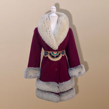Load image into Gallery viewer, Women's Vintage Coat~ 70s Maroon Red Velveteen Velvet Shearling Tiered Princess Beaded  Belted Coat Fit Flare Penny Lane Almost Famous
