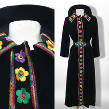 Load image into Gallery viewer, 60’s 70’s Black Velvet Floral Embroidered Full Length Coat
