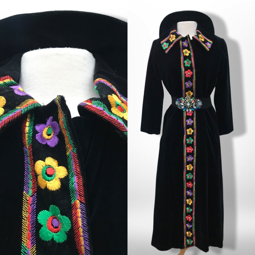 60’s 70’s Black Velvet Floral Embroidered Full Length Coat