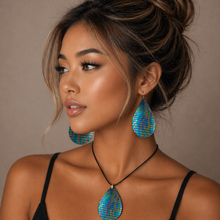Load image into Gallery viewer, Handmade Leather Thick Suede Dangle Earrings Rain Drop Iridescent Mermaid Dragon Color 3” length