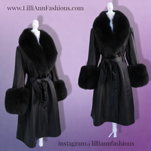 Load image into Gallery viewer, Black Leather and Fox Fur Trench Fit and Flare Pinup Coat