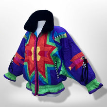 Load image into Gallery viewer, 80’s 90’s Neiman Marcus Genuine Down Puffer Coat in Rainbow Apres Ski “In Living Color” Pride Oversized Chubby Coat Rare Ski Winter Suede Fringr Native American Inspired Style