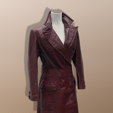Load image into Gallery viewer, Vintage 70’s Leather Coat Trench Spy Collar Business Career Fitted Women’s Oxblood Maroon Bergundy