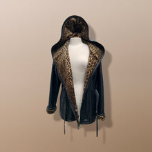 Load image into Gallery viewer, Black Leather Hooded Belted Faux Fur Leopard Pattern Lining Extra Cozy and Oversized