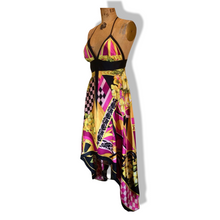 Load image into Gallery viewer, Maxi Dress Asymmetrical Silk Made in Paris V Neck Pink Magenta Yellow Floral and Geometric S/M
