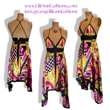 Load image into Gallery viewer, Maxi Dress Asymmetrical Silk Made in Paris V Neck Pink Magenta Yellow Floral and Geometric S/M