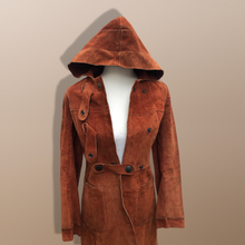 Load image into Gallery viewer, 70’s Vintage Suede Hooded Orange Rust Coat Small Petite Heavy Duty Snap Closure