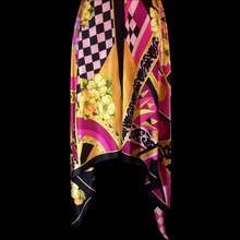 Load image into Gallery viewer, Maxi Dress Asymmetrical Silk Made in Paris V Neck Pink Magenta Yellow Floral and Geometric S/M