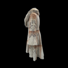 Load image into Gallery viewer, Embroidered Mocha Cream Colored Ombré Sheared Fur Beaver Princess Coat with Crystal Accents Full Skirt and Flared Bell Sleeves Wearable Work of Art One of A Kind