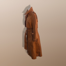 Load image into Gallery viewer, 70’s Vintage Two Piece with Removable Vest with Coat Leather Caramel Colored Trench Spy Coat Belted
