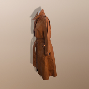 70’s Vintage Two Piece with Removable Vest with Coat Leather Caramel Colored Trench Spy Coat Belted