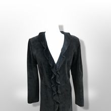 Load image into Gallery viewer, Black Suede Duster with Ruffle Tuxedo Collar Boho